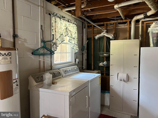 laundry room with electric water heater, sink, and washer and dryer