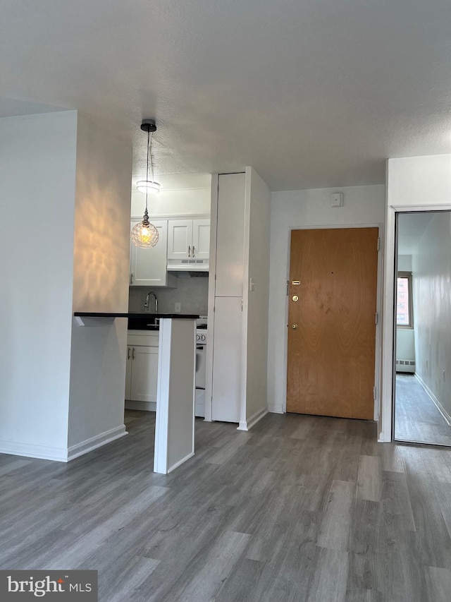 kitchen with hardwood / wood-style floors, white cabinetry, and hanging light fixtures