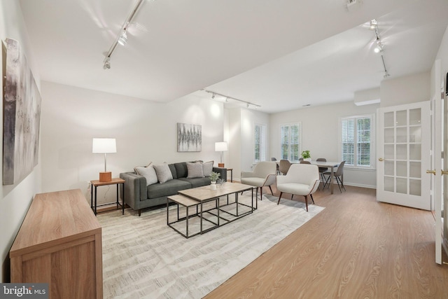 living room with light wood-type flooring and track lighting