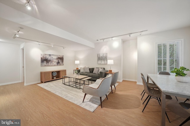 living room with light wood-type flooring and rail lighting