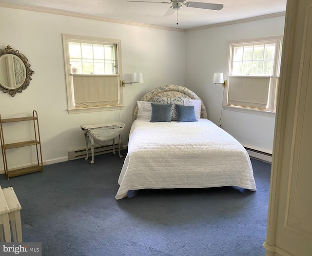 carpeted bedroom with a baseboard heating unit, ceiling fan, and ornamental molding