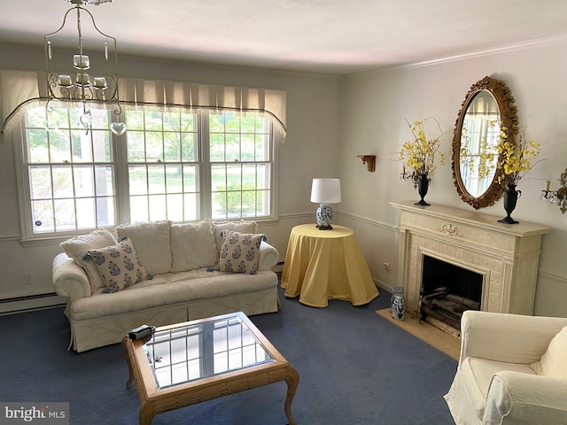 living room featuring baseboard heating, a premium fireplace, and dark carpet