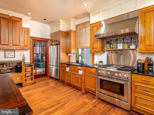 kitchen featuring sink, light wood-type flooring, range hood, and appliances with stainless steel finishes