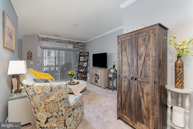 living room with light carpet and ornamental molding