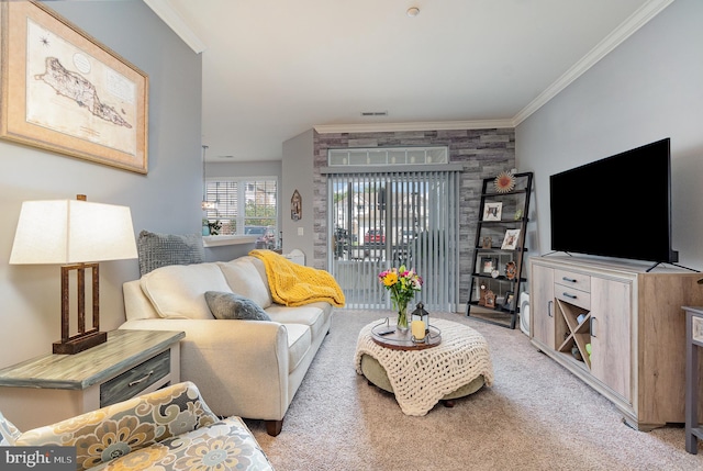 carpeted living room featuring crown molding