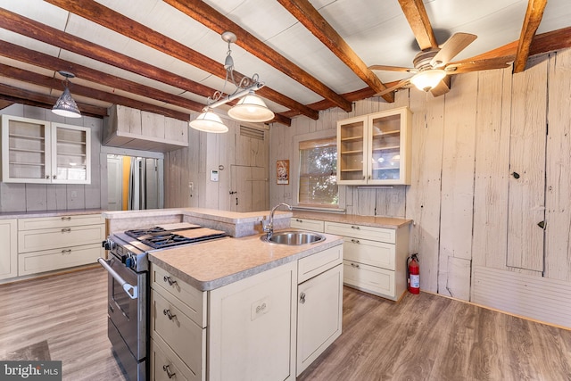 kitchen featuring sink, decorative light fixtures, light wood-type flooring, high end stainless steel range oven, and a kitchen island with sink