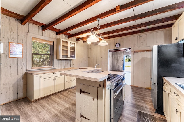 kitchen with a kitchen island with sink, hanging light fixtures, light hardwood / wood-style flooring, and stainless steel appliances