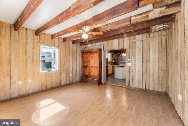 interior space with beam ceiling, light hardwood / wood-style flooring, and wooden walls