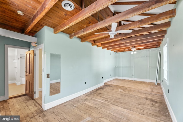 spare room featuring beamed ceiling, ceiling fan, light hardwood / wood-style flooring, and wooden ceiling