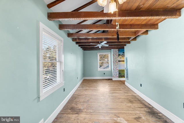 unfurnished room with hardwood / wood-style flooring, wood ceiling, ceiling fan, and beamed ceiling