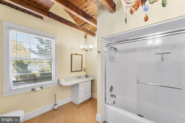 bathroom with bath / shower combo with glass door, wooden ceiling, vaulted ceiling with beams, and vanity