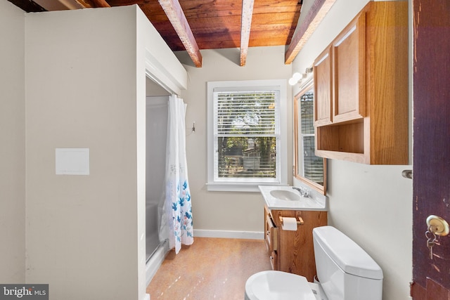 bathroom with vanity, walk in shower, wood ceiling, toilet, and beam ceiling