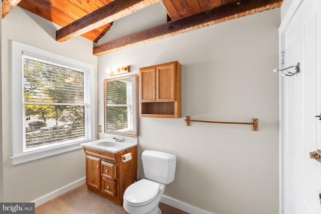 bathroom with wood ceiling, vanity, toilet, and vaulted ceiling with beams