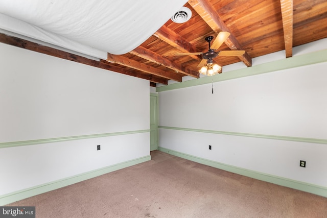 unfurnished room featuring ceiling fan, carpet, wood ceiling, and beam ceiling