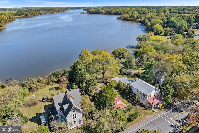 drone / aerial view featuring a water view