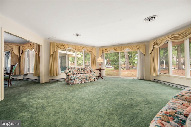 unfurnished living room featuring carpet floors, a baseboard radiator, and visible vents