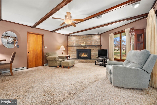 carpeted living area featuring visible vents, a ceiling fan, vaulted ceiling with beams, a fireplace, and a baseboard heating unit