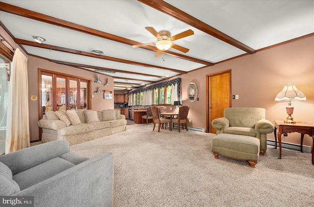 carpeted living room featuring beam ceiling, a baseboard radiator, visible vents, a ceiling fan, and baseboards