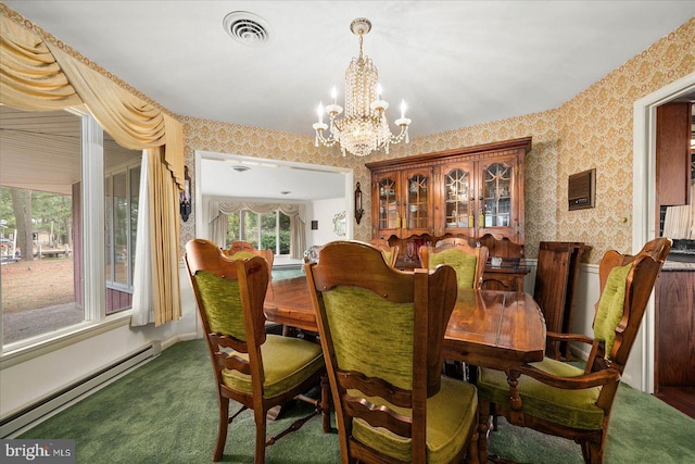 dining area with a baseboard radiator, a notable chandelier, visible vents, carpet, and wallpapered walls