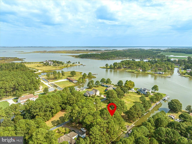 birds eye view of property featuring a water view