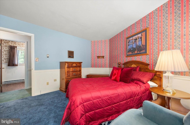 bedroom featuring baseboards, carpet floors, baseboard heating, and wallpapered walls