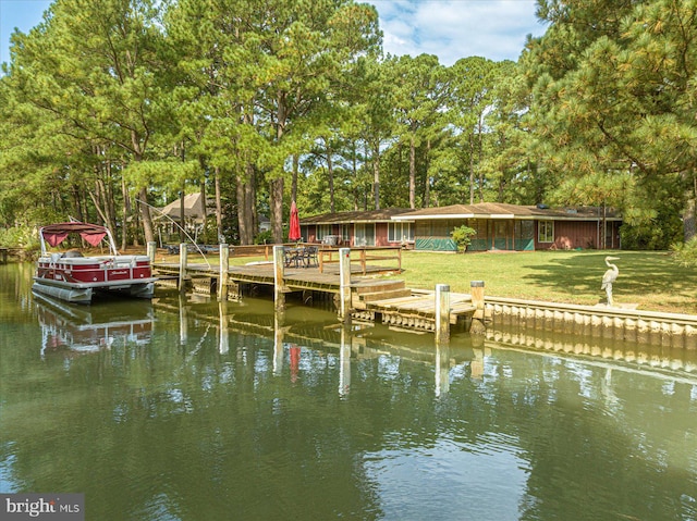 dock area featuring a water view and a yard