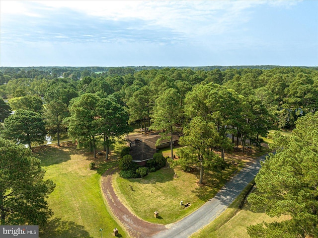 bird's eye view with a wooded view