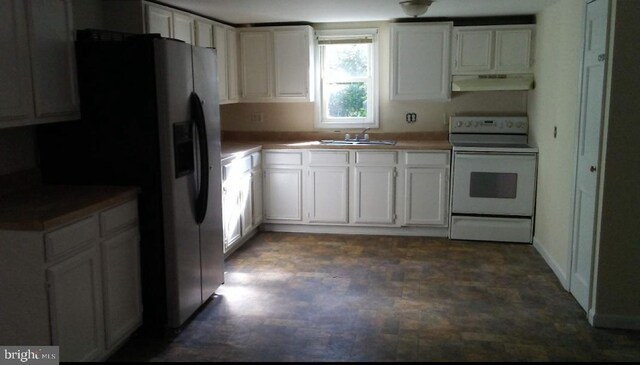 kitchen with white cabinets, extractor fan, stainless steel refrigerator with ice dispenser, and white electric range oven