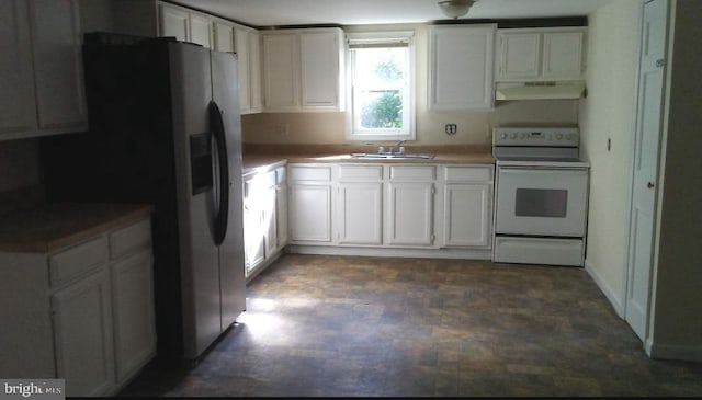 kitchen with white cabinetry, white range with electric stovetop, ventilation hood, and stainless steel fridge