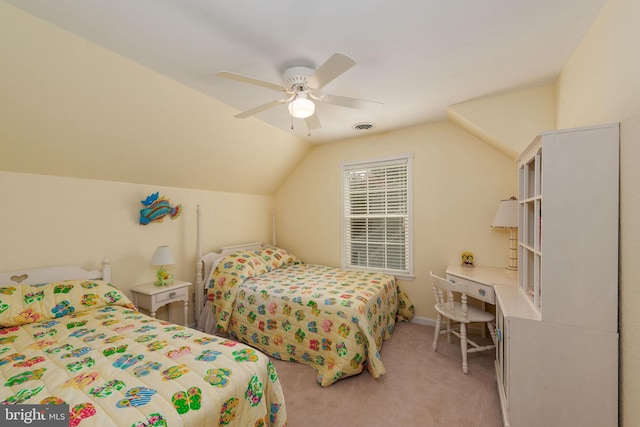 bedroom featuring ceiling fan, light colored carpet, and lofted ceiling