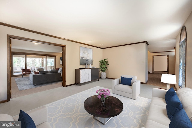 carpeted living room featuring crown molding and baseboards