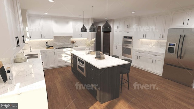 kitchen with dark wood-style flooring, a breakfast bar area, custom exhaust hood, stainless steel appliances, and white cabinetry