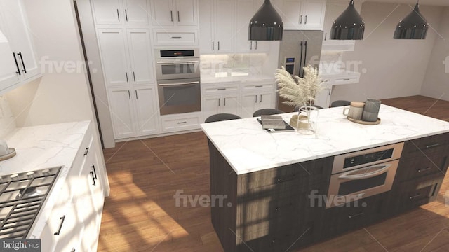 kitchen with decorative backsplash, white cabinets, dark wood-style flooring, a center island, and stainless steel appliances