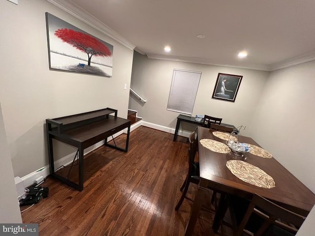 interior space with crown molding and dark wood-type flooring