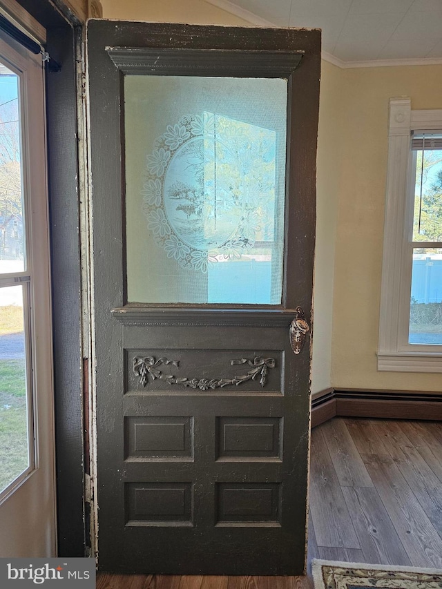 interior details with a baseboard radiator, ornamental molding, and hardwood / wood-style floors