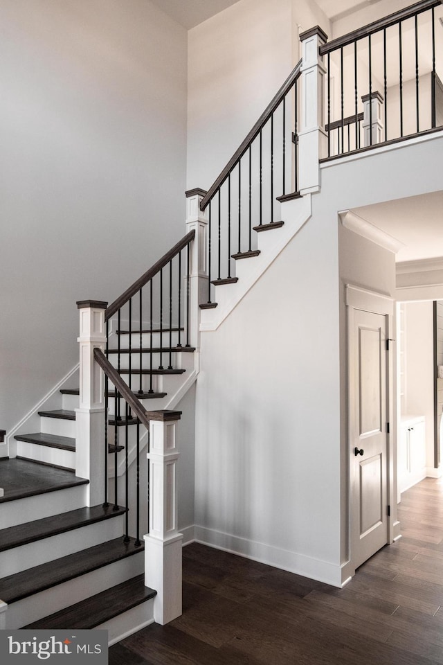 stairway with a high ceiling and hardwood / wood-style floors