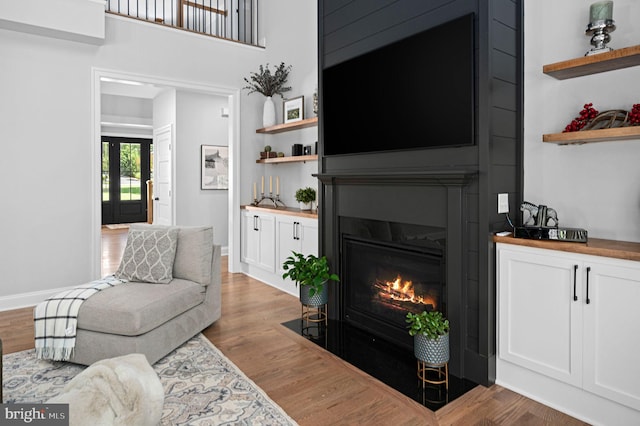 living room featuring a large fireplace and light hardwood / wood-style floors