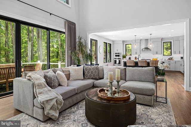 living room featuring sink, light hardwood / wood-style floors, and a high ceiling