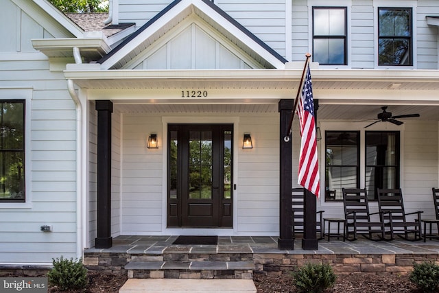 property entrance featuring a porch and ceiling fan