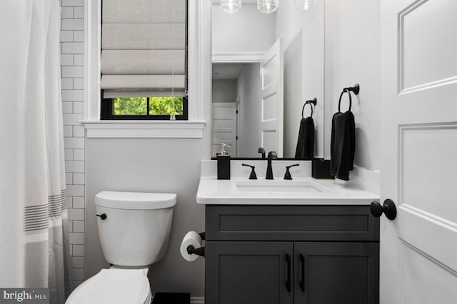 bathroom featuring vanity, a shower with curtain, and toilet