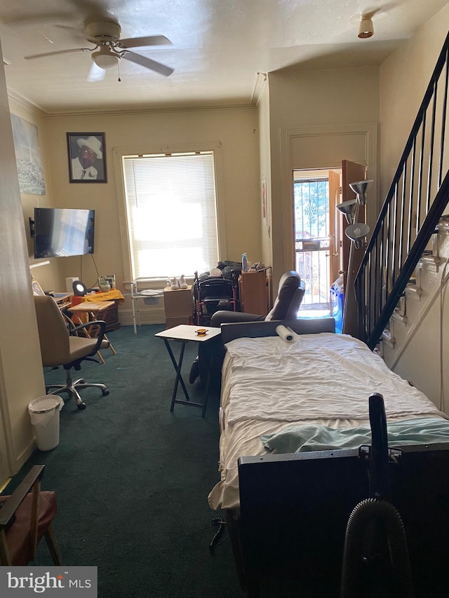 carpeted bedroom featuring ceiling fan