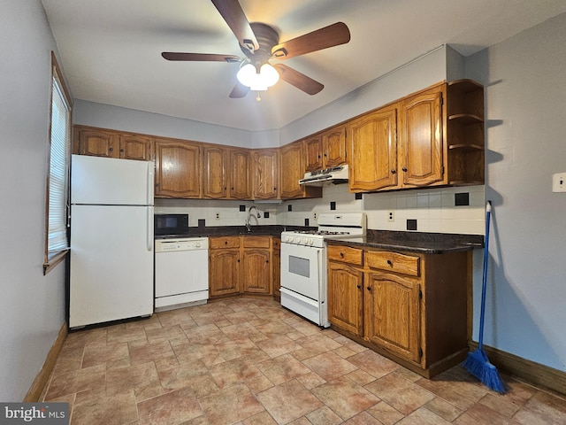 kitchen with white appliances, decorative backsplash, ceiling fan, light tile patterned flooring, and sink