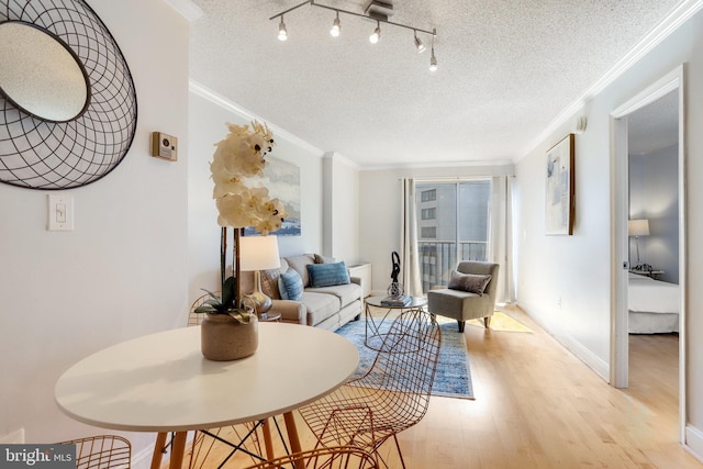 living room with crown molding, a textured ceiling, and light hardwood / wood-style flooring