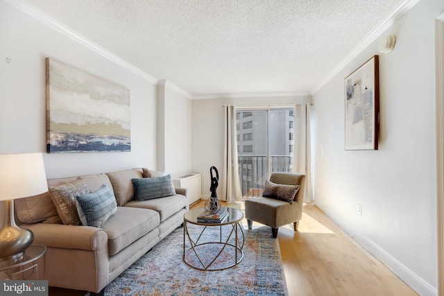 living room featuring crown molding, light hardwood / wood-style flooring, and a textured ceiling