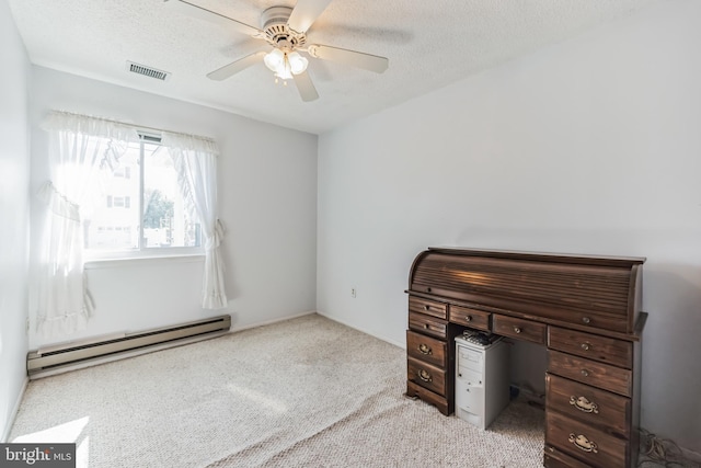 office area with ceiling fan, a baseboard heating unit, light carpet, and a textured ceiling