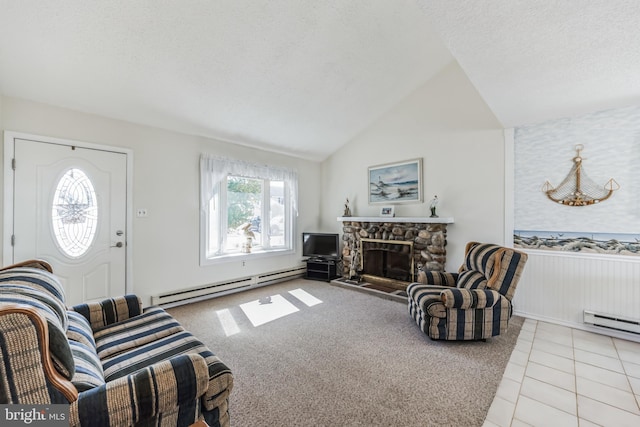 living room featuring a stone fireplace, lofted ceiling, a baseboard heating unit, light carpet, and a textured ceiling