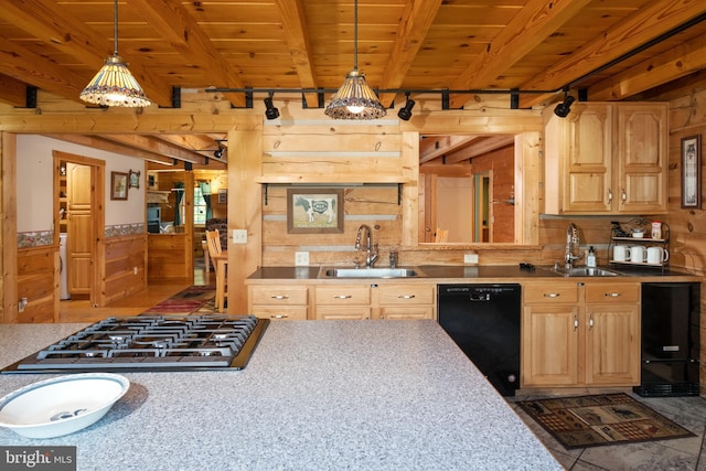 kitchen with a sink, black appliances, light brown cabinets, and wood ceiling