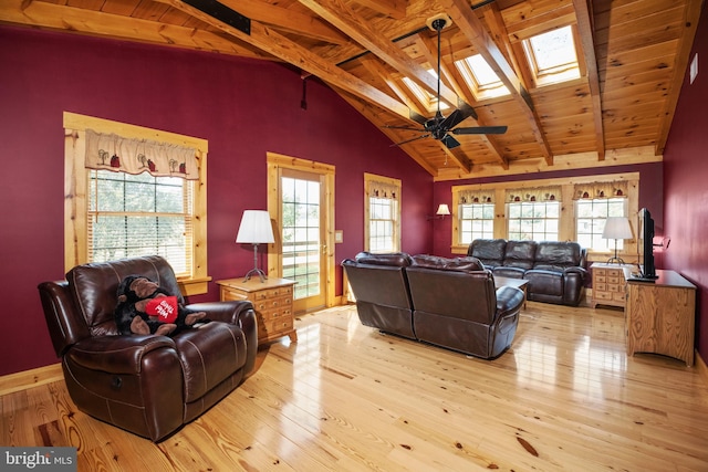 living room featuring light hardwood / wood-style flooring, ceiling fan, wooden ceiling, a skylight, and beamed ceiling