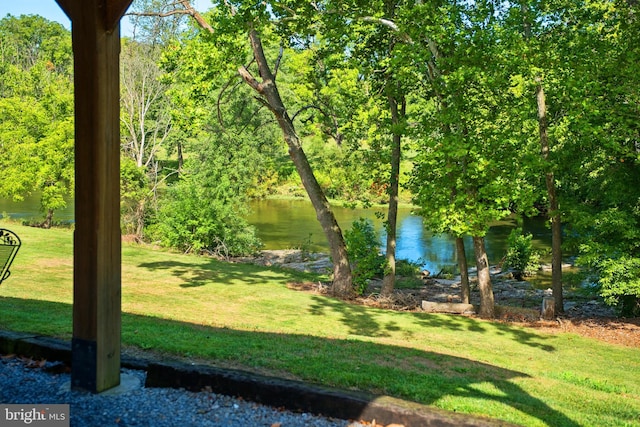 view of home's community featuring a lawn, a wooded view, and a water view