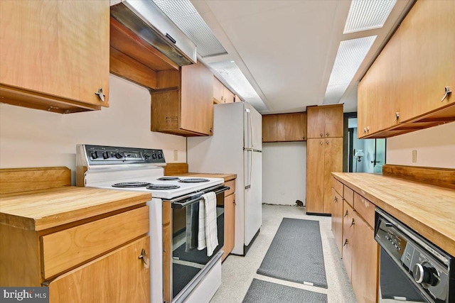 kitchen with dishwasher, butcher block countertops, and white electric stove